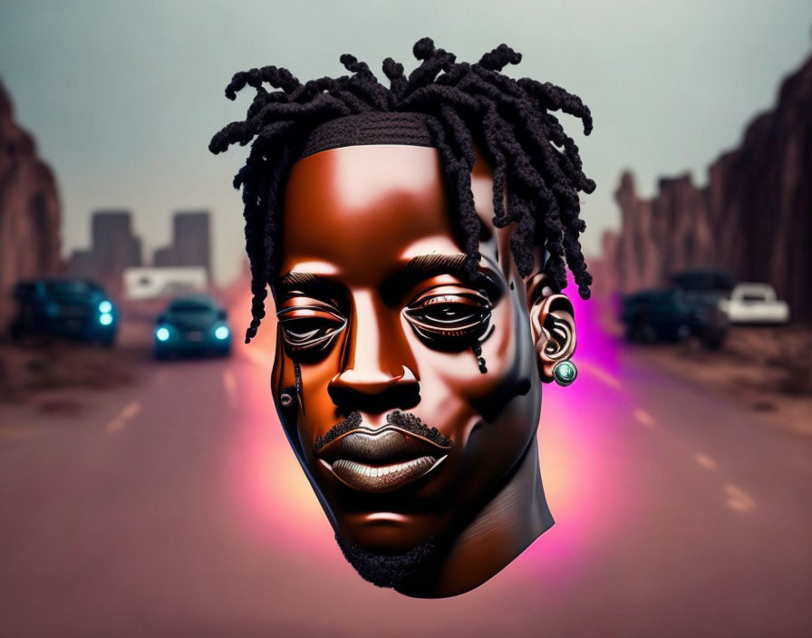 Detached head with dreadlocks and piercings in surreal cityscape scene