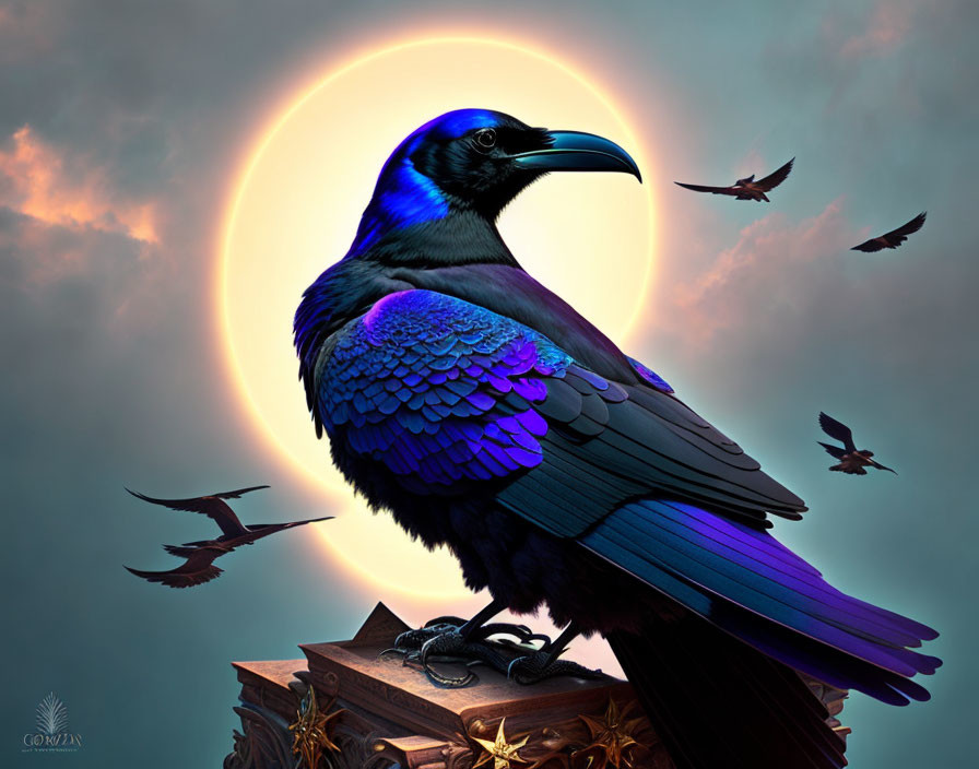 Iridescent raven on chest under twilight sky with solar eclipse