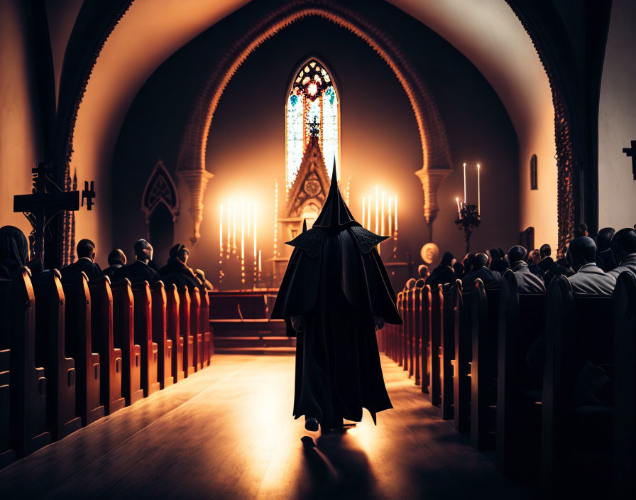 Robed figure in candlelit church with stained-glass window