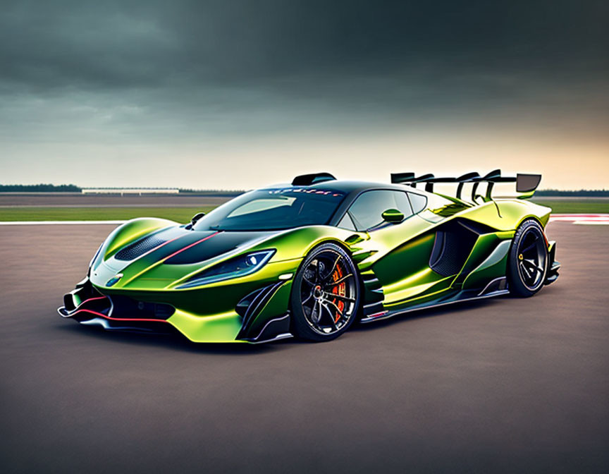 Green and Black Sports Car with Large Rear Wing on Asphalt Surface