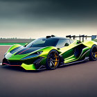 Green and Black Sports Car with Large Rear Wing on Asphalt Surface