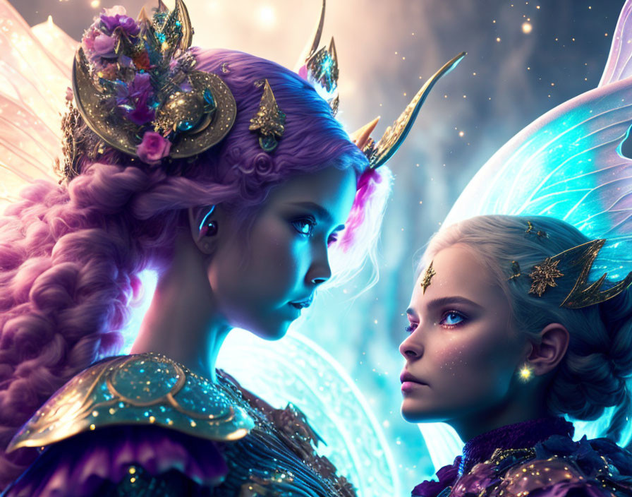 Ethereal female figures with golden crowns and luminescent wings in mystical ambiance