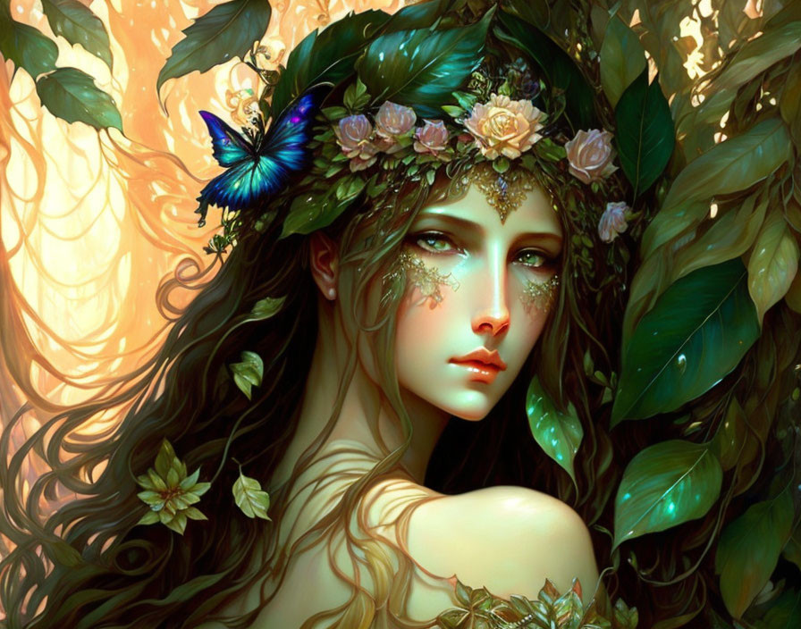 Fantasy portrait of a woman with floral crown and butterfly in lush greenery