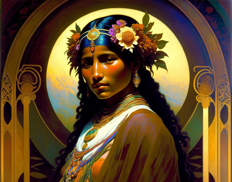 Illustrated woman with intricate headdress and jewelry against golden arch.