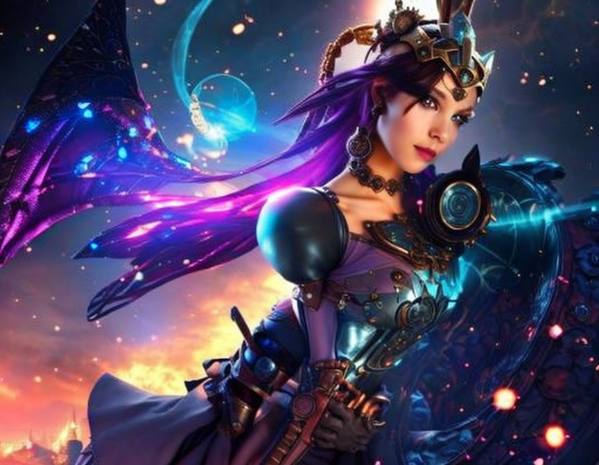 Warrior woman in ornate armor with celestial backdrop and vibrant colors