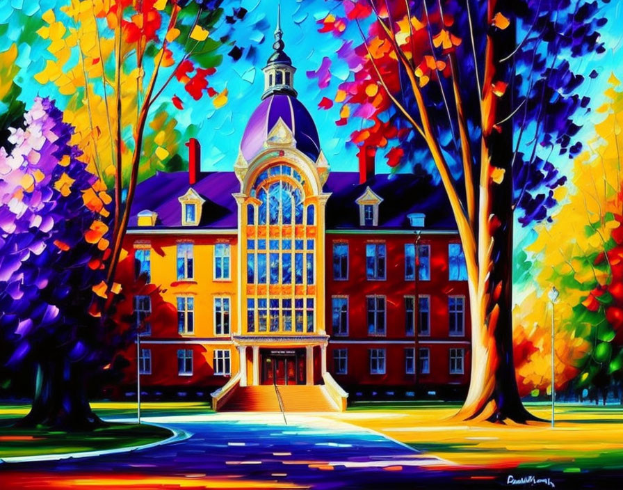 Colorful autumn trees frame stately building with central dome