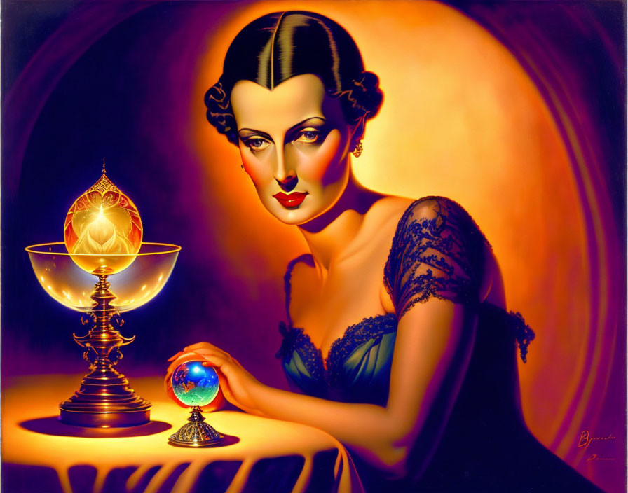 Vintage portrait of a woman with crystal ball and glowing orb