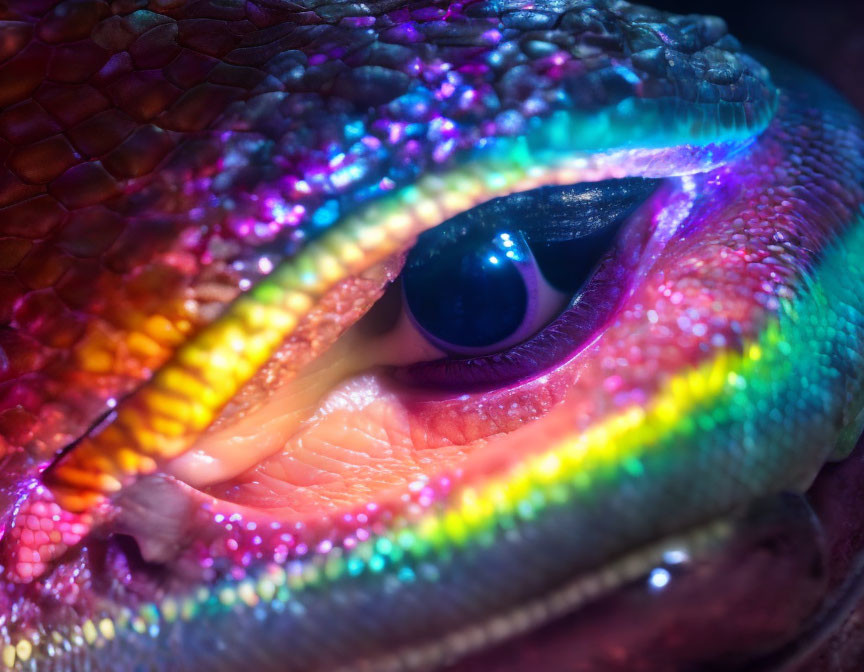 Reptile's eye with neon lights reflecting on vibrant scales