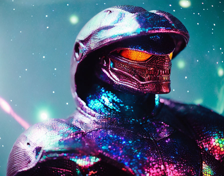 Futuristic helmet and sparkling suit with orange glowing eyes on teal backdrop