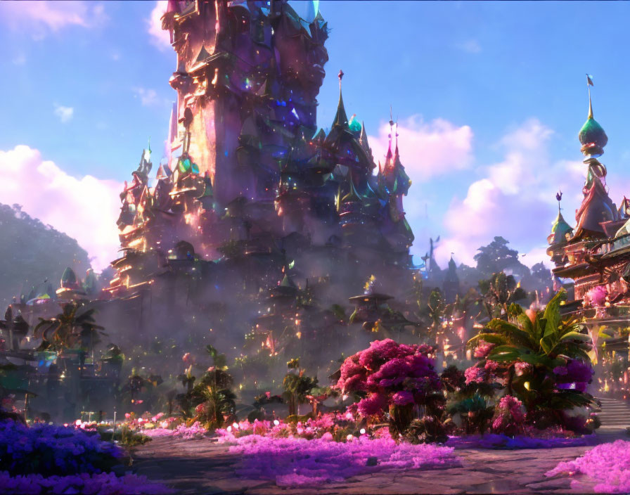 Fantastical castle animation with pink trees and glowing sky