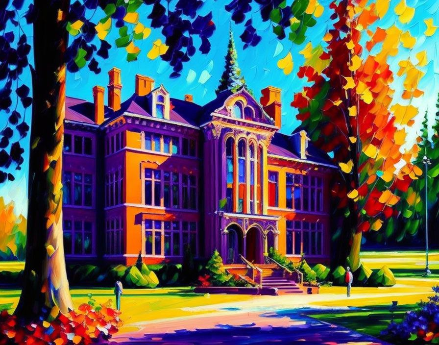 Colorful Autumn Victorian House Painting with Trees