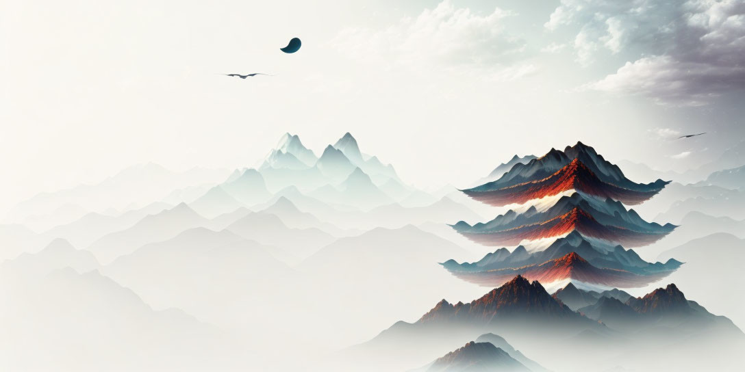 Misty Mountain Landscape with Birds, Crescent Moon