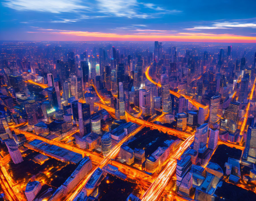 Cityscape at Twilight: Skyscrapers and Illuminated Streets