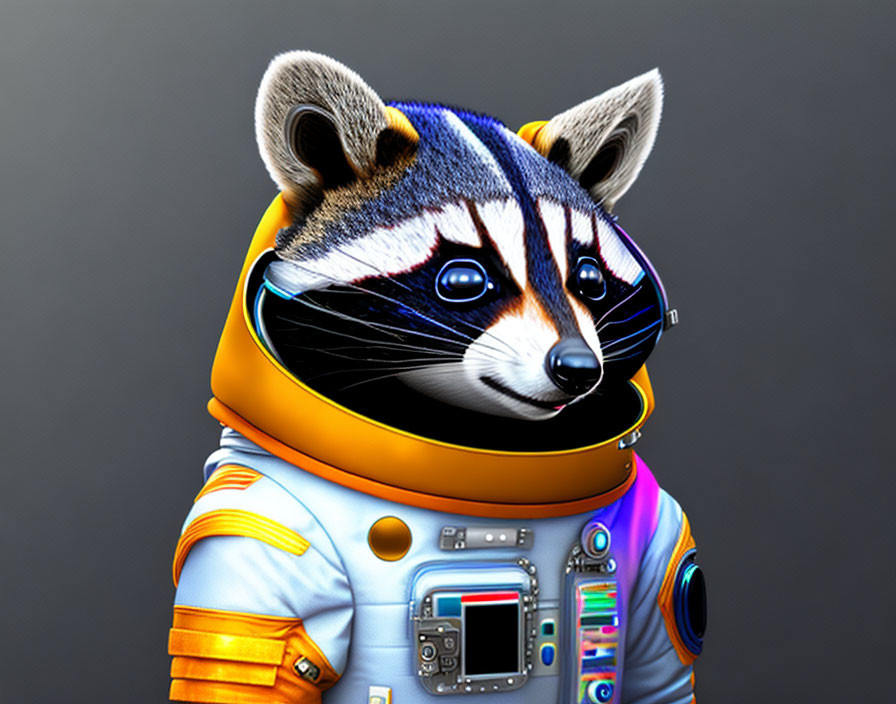 Colorful Astronaut Suit on Raccoon in Dark Background