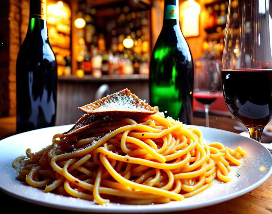 Plate of spaghetti with grated cheese and crispy wafer, red wine glasses in cozy restaurant scene.