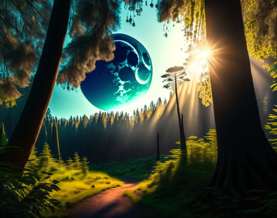 Fantasy forest scene with large moon, sunbeams, and lush greenery.