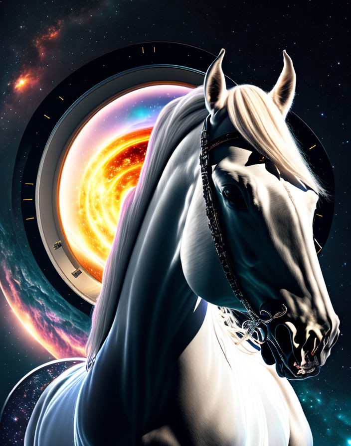 White Horse with Braided Mane in Cosmic Space Scene