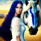 3D-rendered image: Woman with blue hair & white horse in golden field