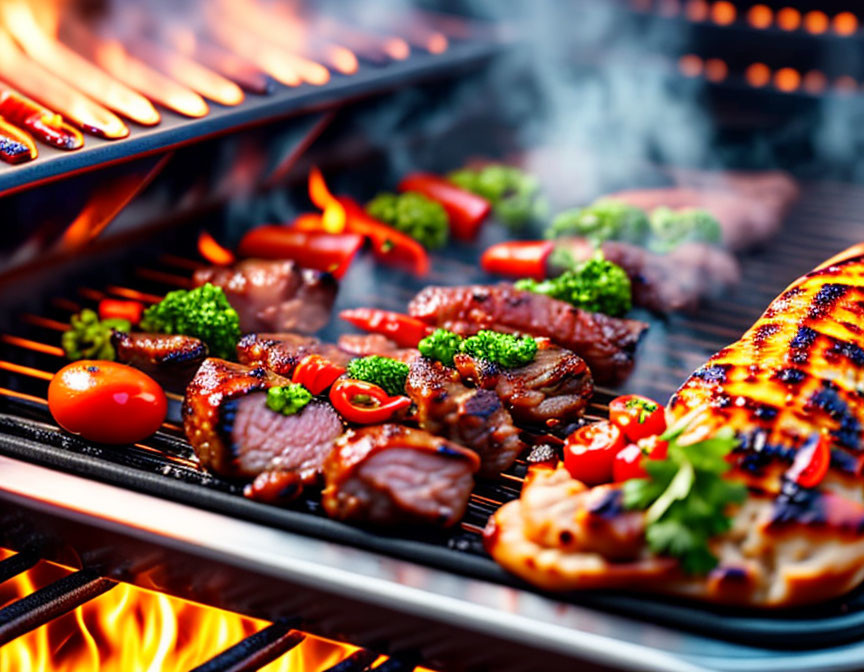 Assorted meats and vegetables grilling over flames