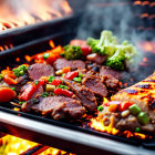 Assorted meats and vegetables grilling over flames