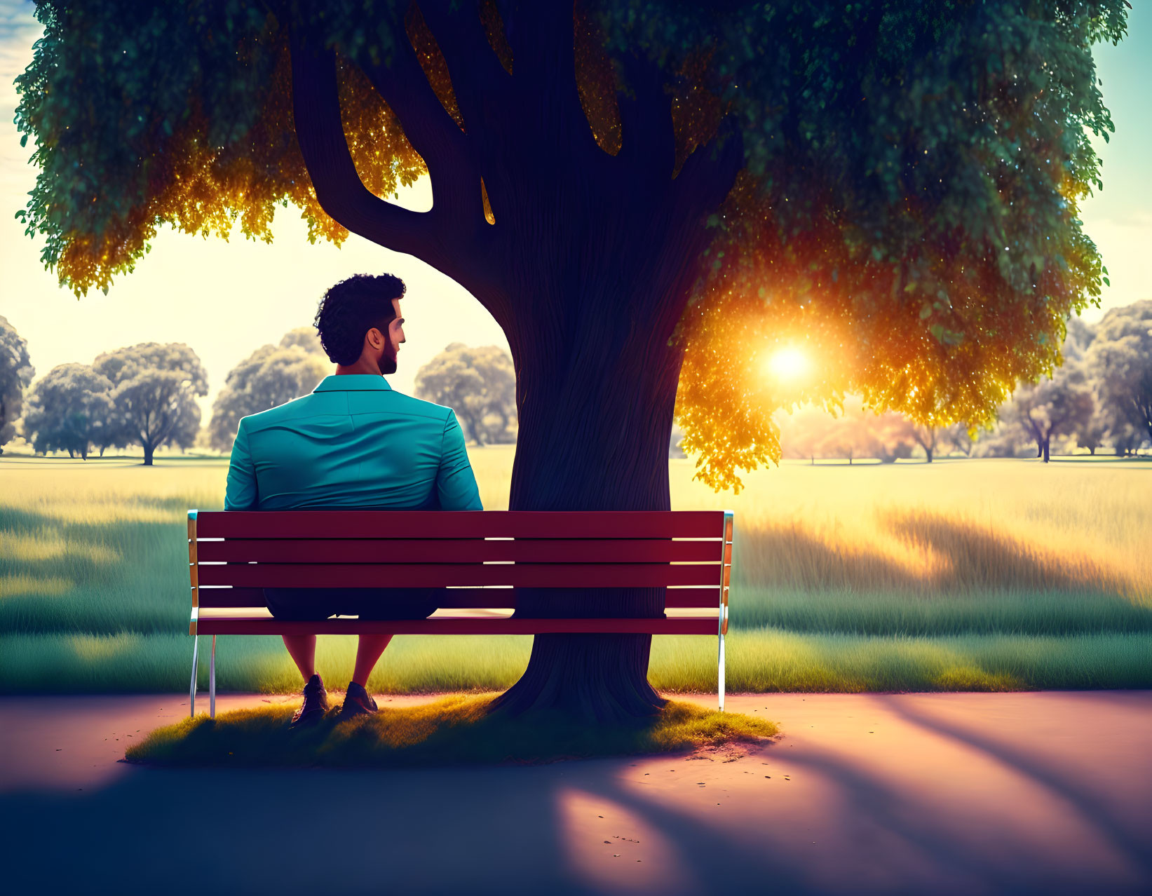 Man Sitting on Park Bench Watching Sunset in Serene Landscape