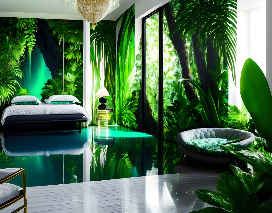 Luxurious Jungle-Themed Bedroom with Glossy Green Floor and Lush Wall Prints