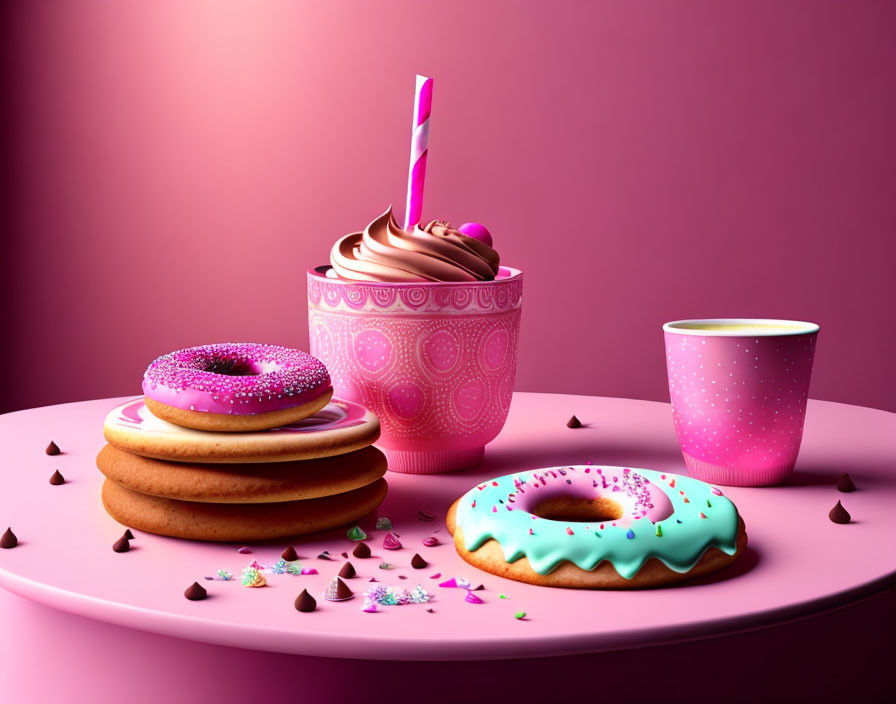 Assorted breakfast treats on colorful background