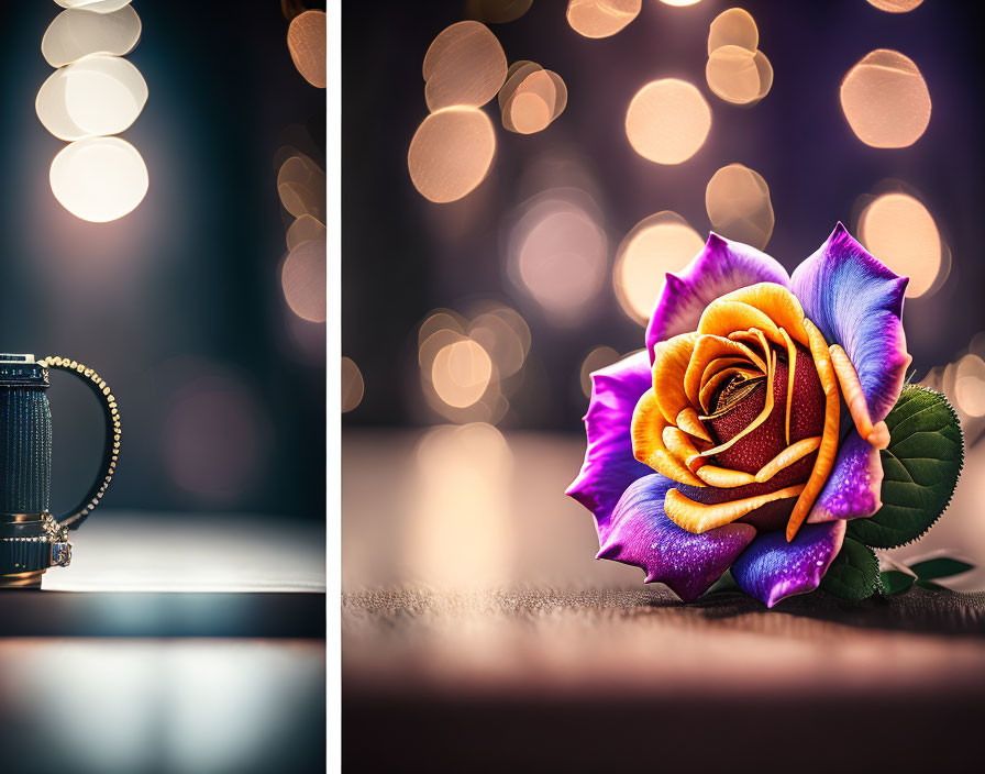 Colorful Purple and Yellow Rose with Bokeh Background and Wristwatch Detail