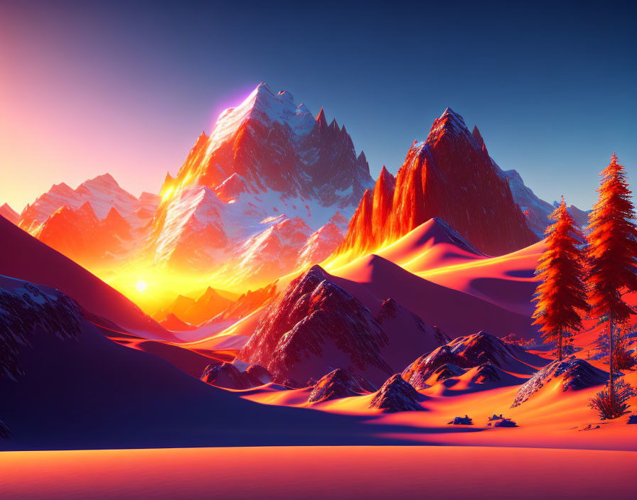 Colorful sunset over snow-capped mountains and silhouetted trees.