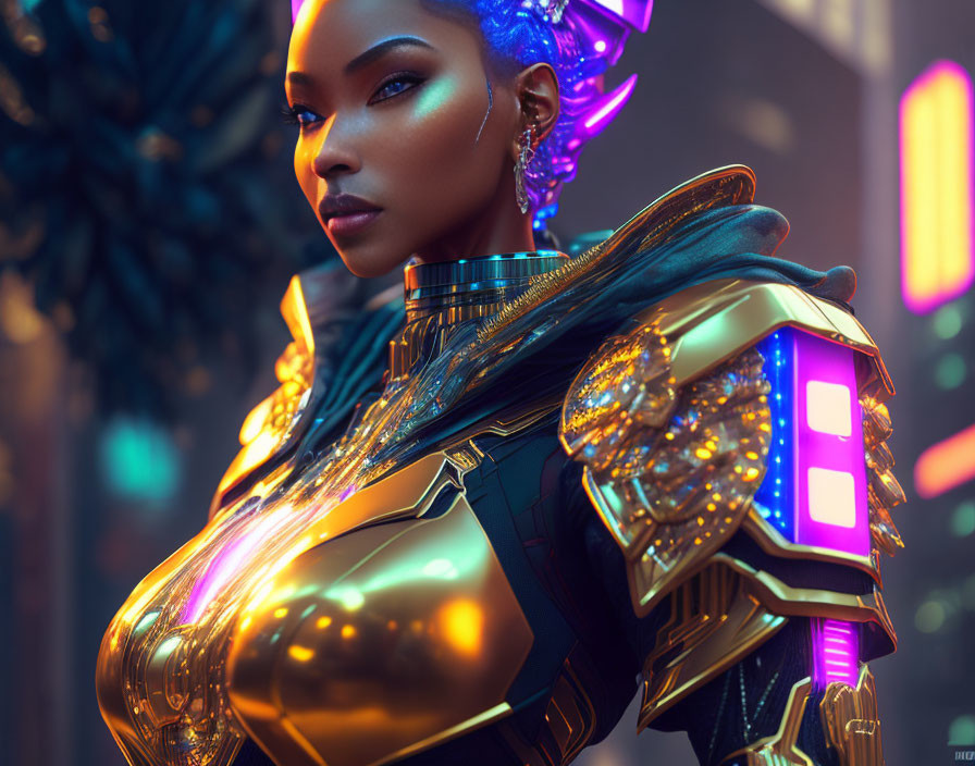 Futuristic woman with glowing blue hair and cybernetic enhancements in golden armor in neon-lit