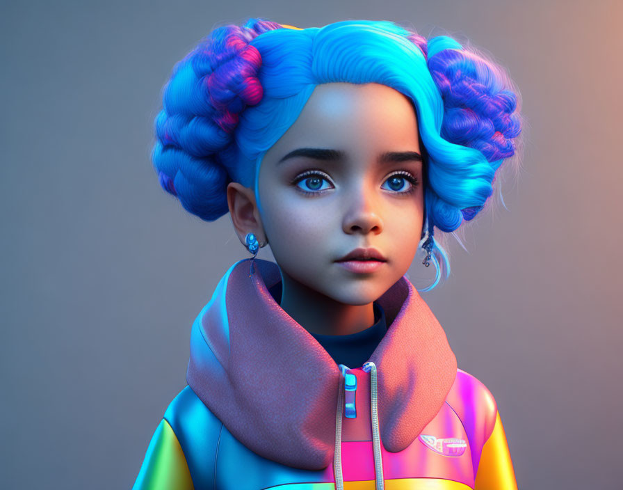 Vibrant blue hair girl in colorful hoodie art