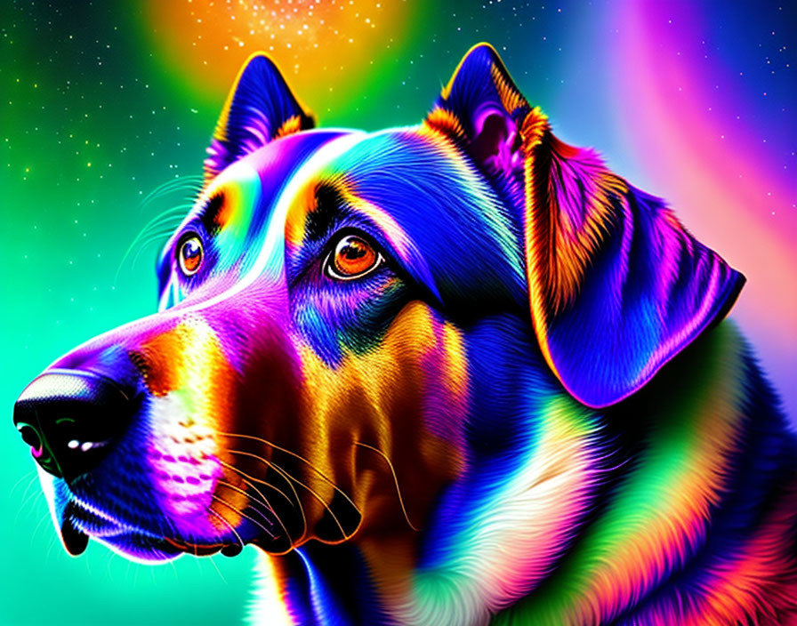 Colorful digital artwork: Dog with multicolored coat on cosmic background