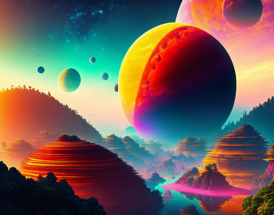 Colorful Sci-Fi Landscape with Alien Planets and Moons