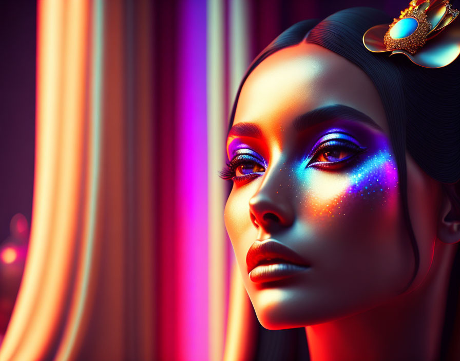 Colorful makeup and ornate hair accessory on a woman against a warm backdrop