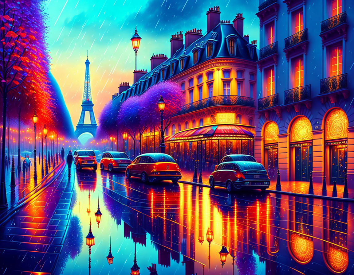 Colorful digital artwork: Rain-soaked Paris evening with Eiffel Tower & glistening streets