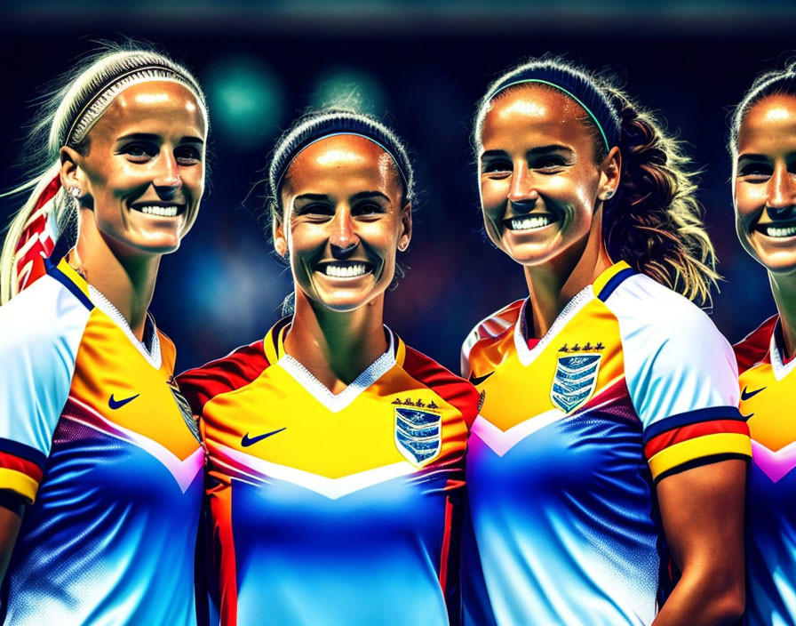 Four female soccer players in colorful uniforms posing together with stadium backdrop.