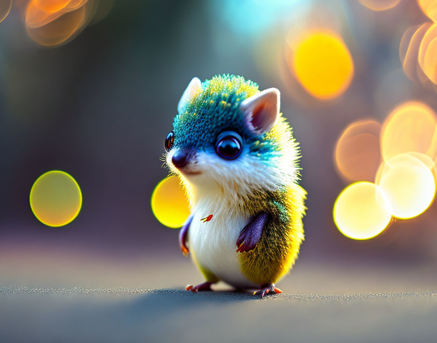 Colorful Round Hedgehog-Like Creature on Vibrant Bokeh Background