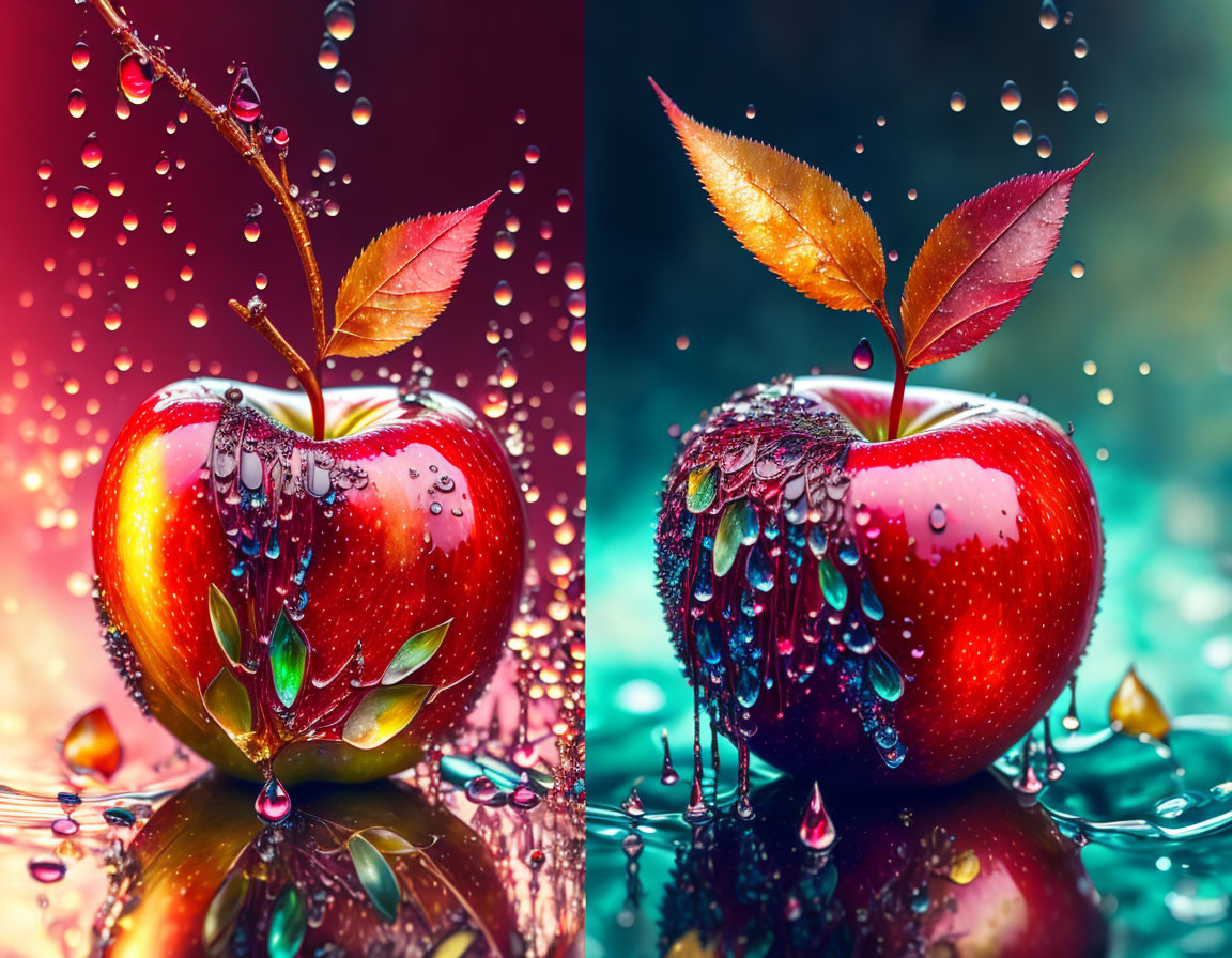 Vibrant apples with water droplets and leaves in rainbow colors.