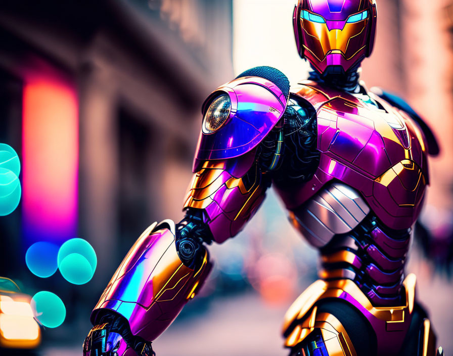 Metallic purple and gold robot in urban setting with bokeh lights