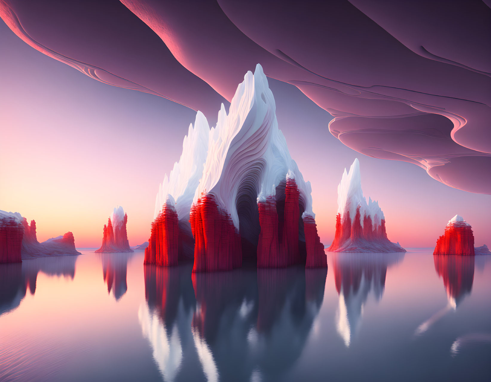 Layered Red and White Striped Rock Formations in Surreal Landscape