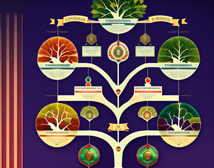 Colorful family tree chart with hexagonal icons and branches on purple background