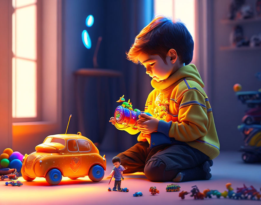 Child playing with colorful toy car and figurines in cozy sunlit room