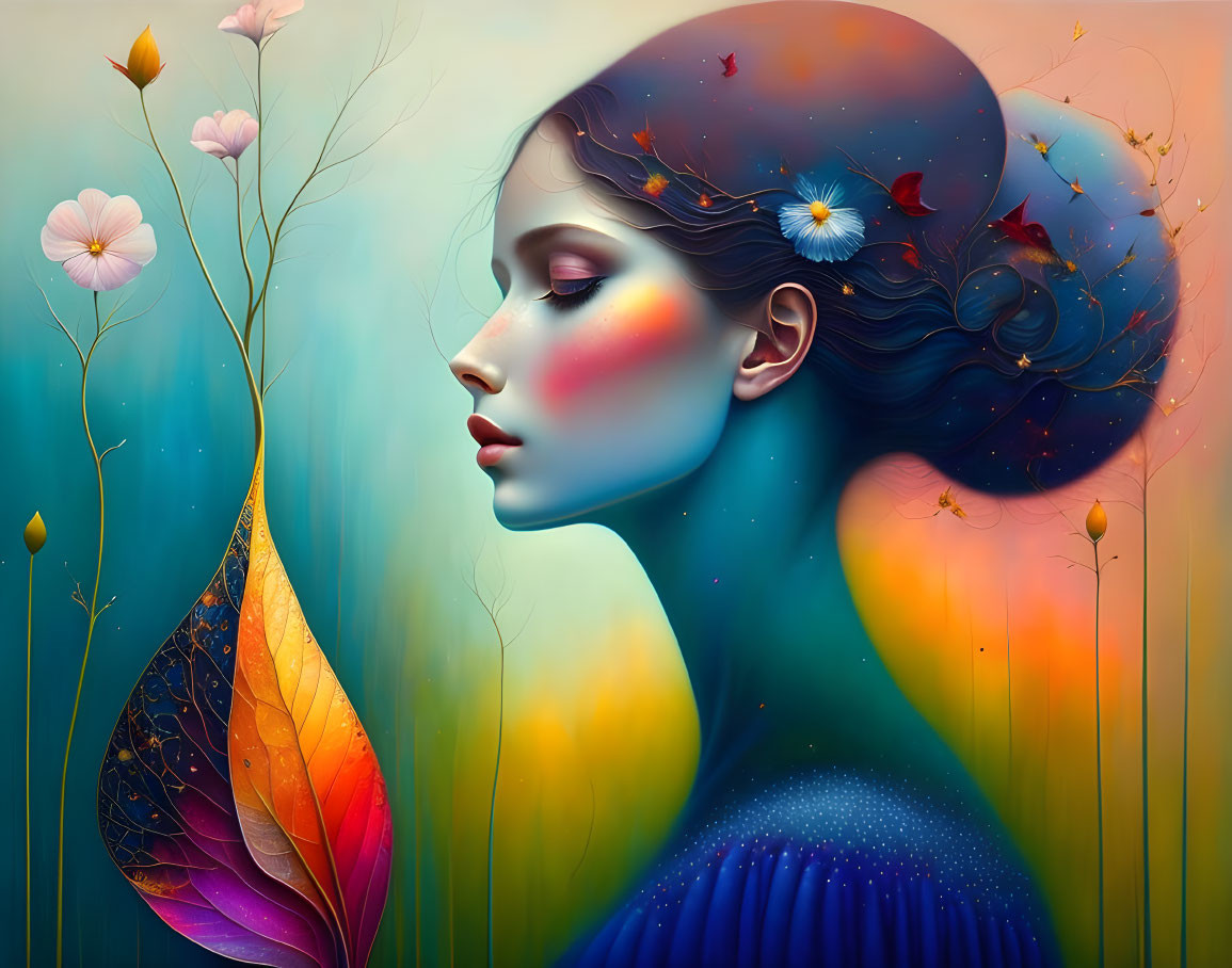 Surreal portrait of woman with night sky hair, vibrant flowers, and leaf pattern shoulder