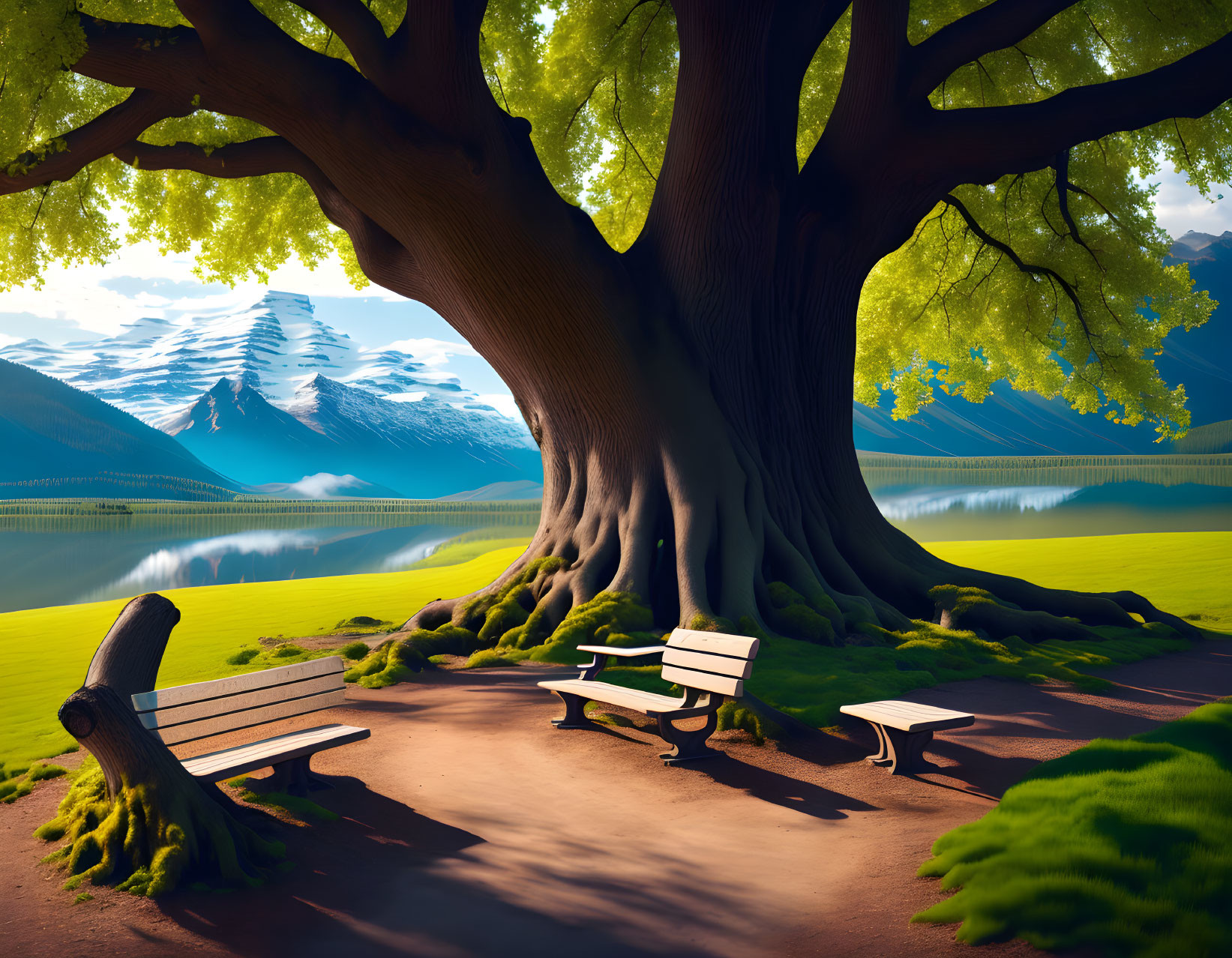 Tranquil park with tree, benches, lake, mountains