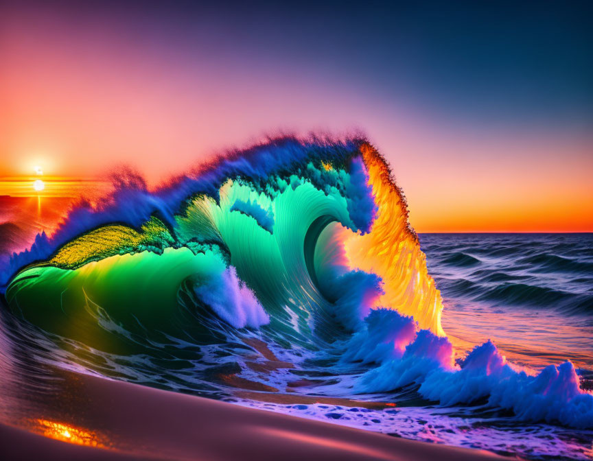 Colorful Sunset Ocean Wave Reflecting Sunlight