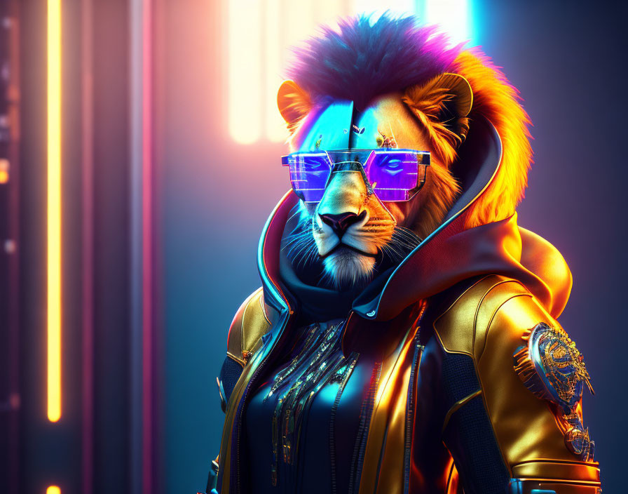 Stylized lion with human-like features in jacket and sunglasses on neon-lit background