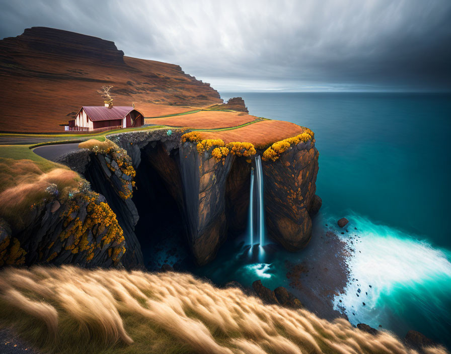 Scenic waterfall cascades into ocean beside winding road and lone building under dramatic sky