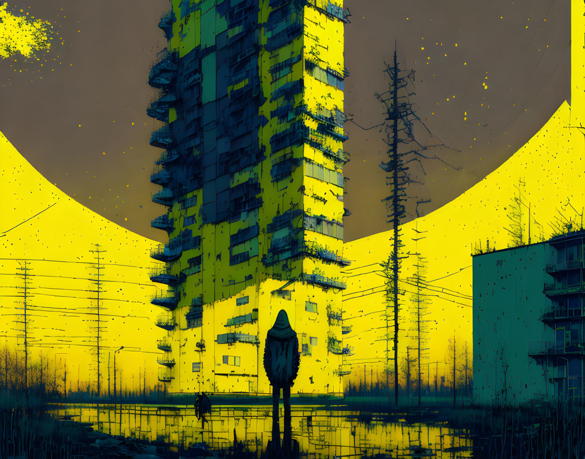 Lonely figure with dog by rundown high-rise in dystopian setting