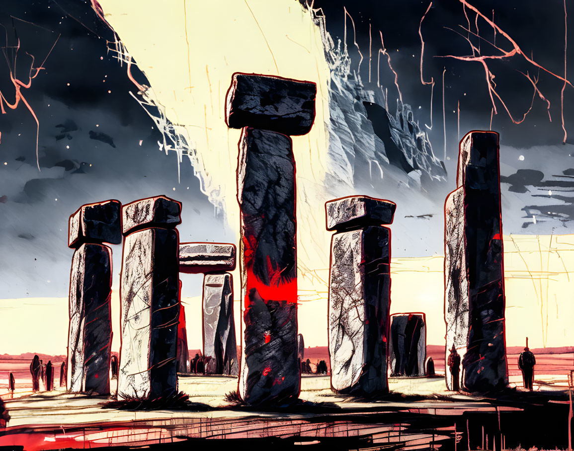 Vibrant Stonehenge art with red accents and dramatic sky.