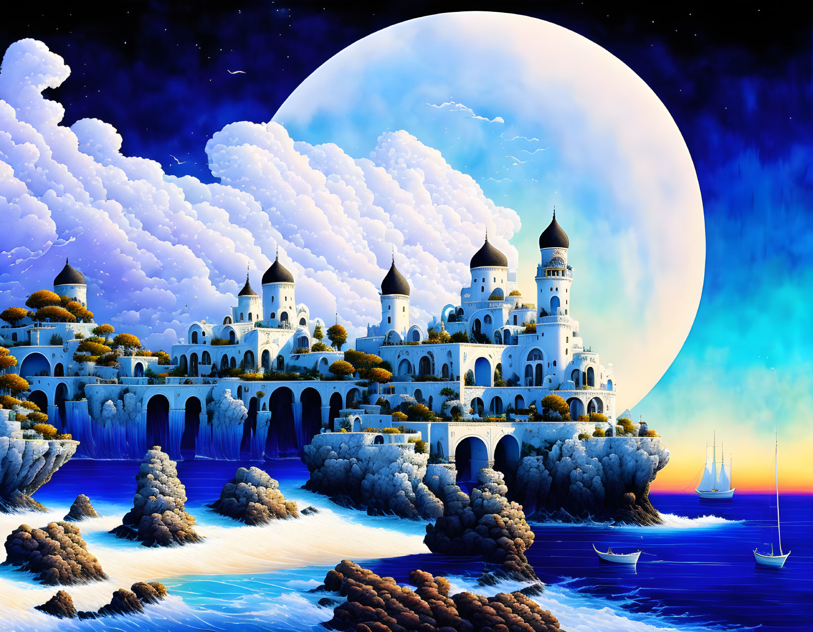 White castle on cliff under moonlight with sailboats and starry sky